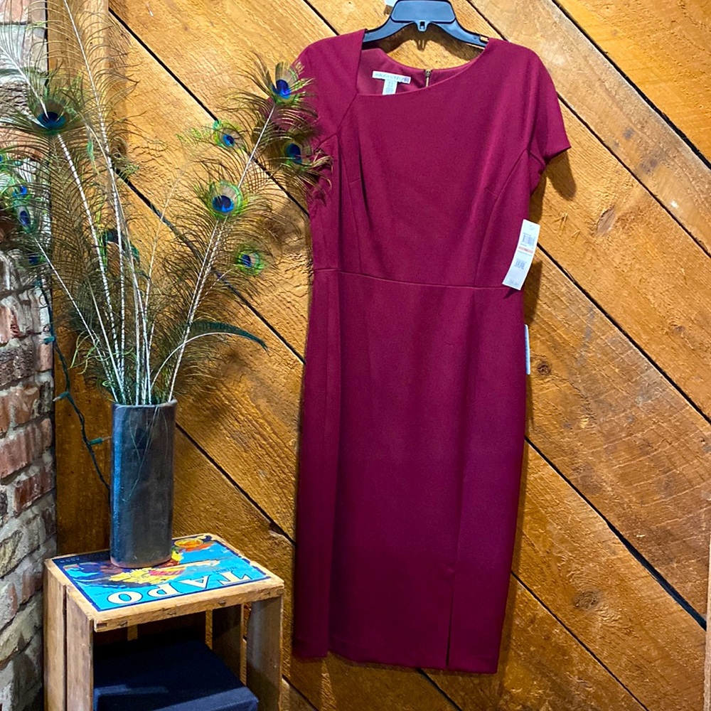 Maggy London Maroon Asymmetrical Neck Sheath Dress Size 12
